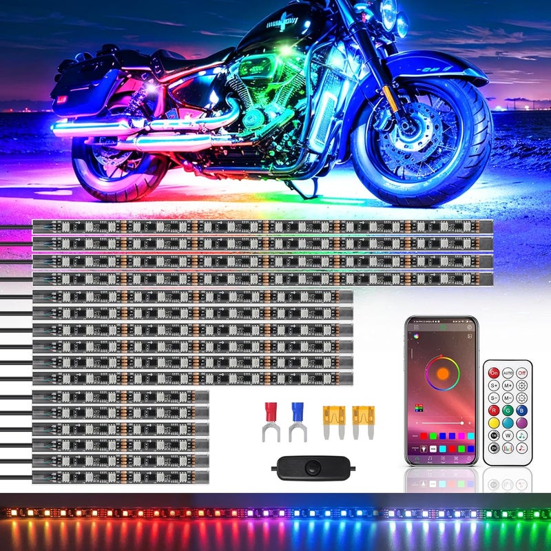 ZONECONA 16PCS Chasing Effect Motorcycle RGB LED Lights Kit with APP/RF Remote Brake Turn Signal, Motorcycle LED Underglow Light Magic Strips kit Multi Color Underbody 12v Waterproof for Harley Honda - Image 1